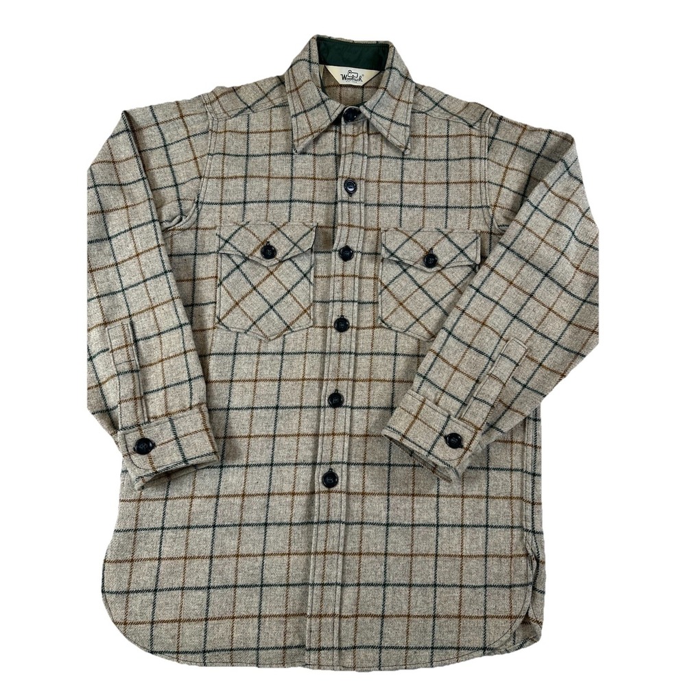 Vtg WOOLRICH Wool Shacket Shirt Jacket Heavy Plaid Tan Brown Green Overshirt Med